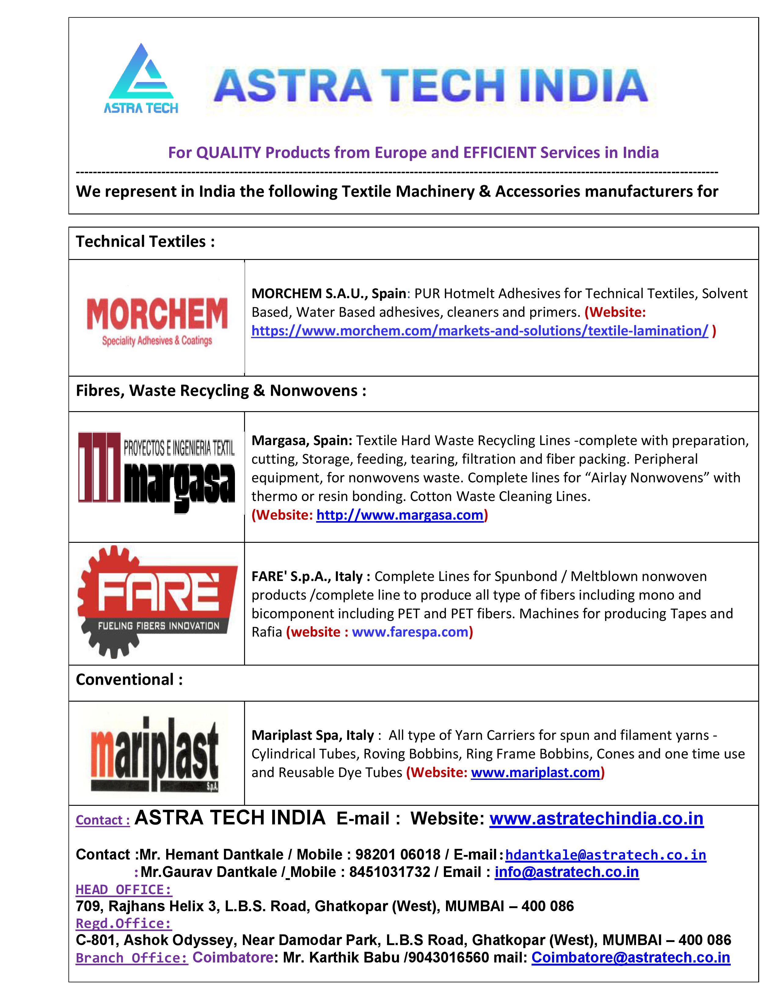 Representations of Top quality machinery and accessories only from Europe.